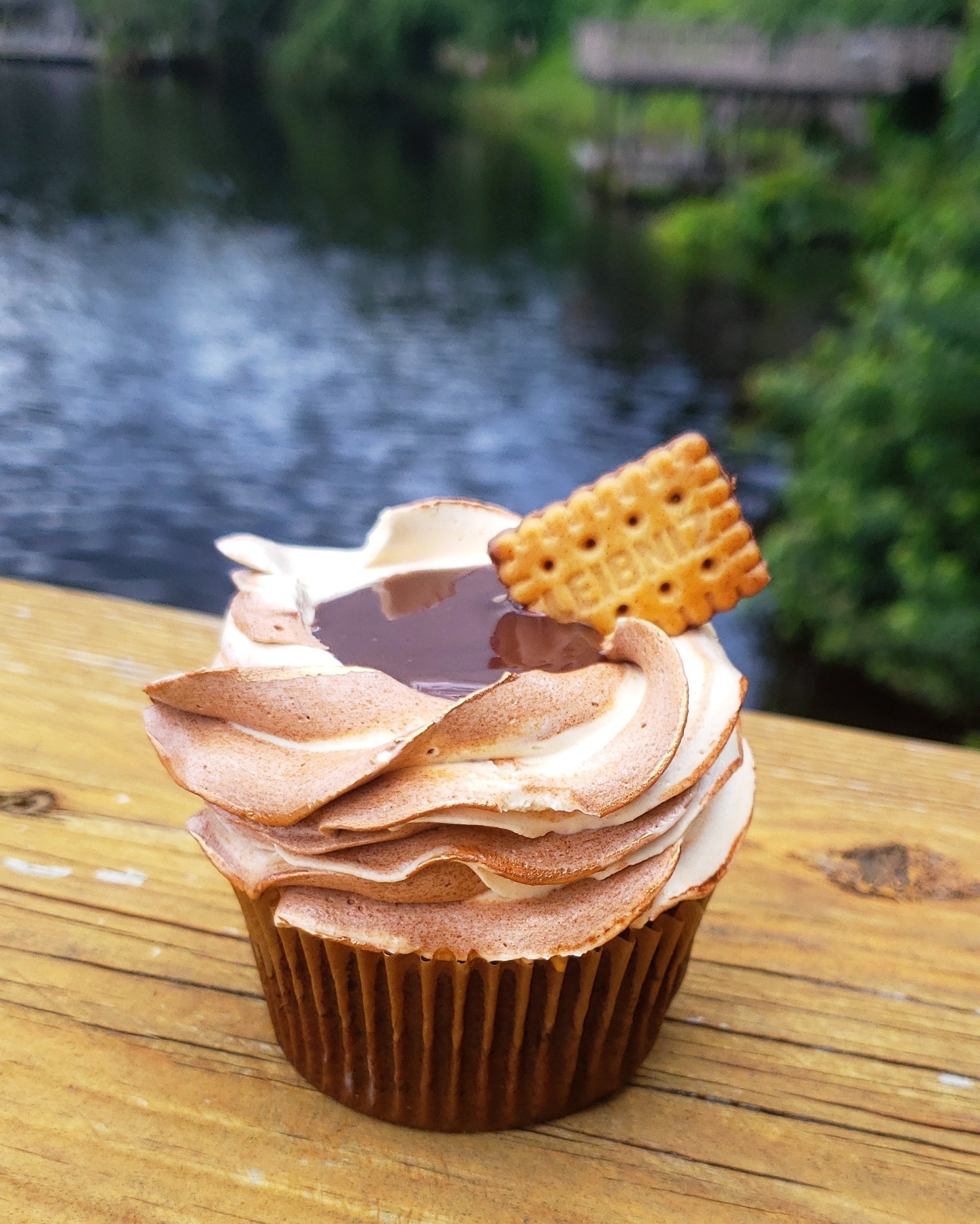 One Chocolate Cupcake decorated with Chocolate ganache and Choco Leibniz cookie